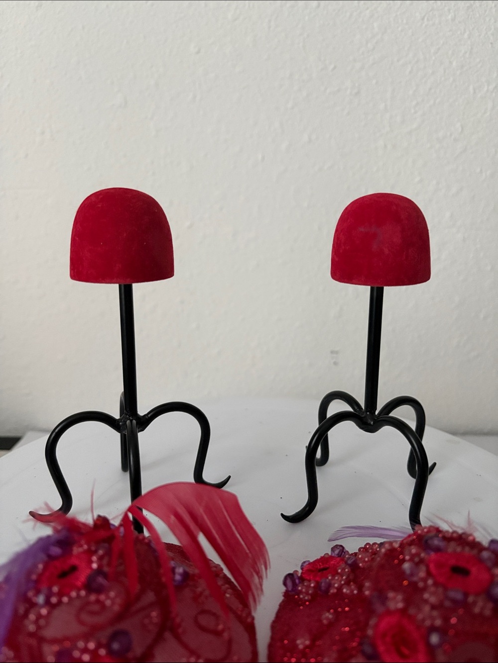 Red Beaded Mini Hat Fascinators (Pair) - Picture 5 of 7